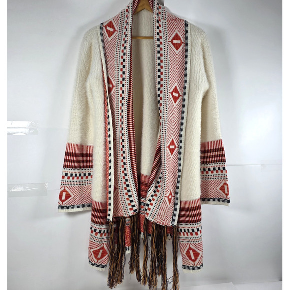 MAXSPORT Sweaters - Maxsport Aztec Fringe Trim L Open Front Long Cardigan Sweater Southwestern Boho